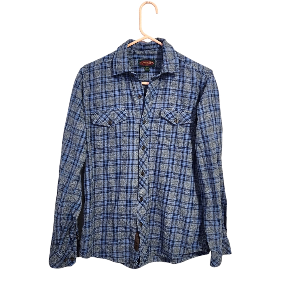 FLYSHACKER plaid button up casual‎ soft cotton shirt in grey / blue size M